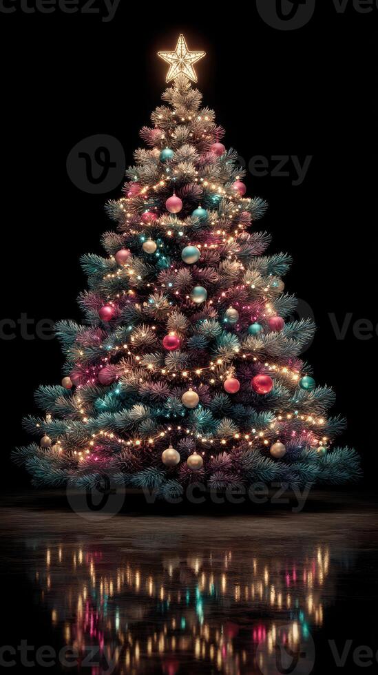 Vibrant Christmas tree adorned with colorful ornaments and lights creates a festive atmosphere during the holidays photo