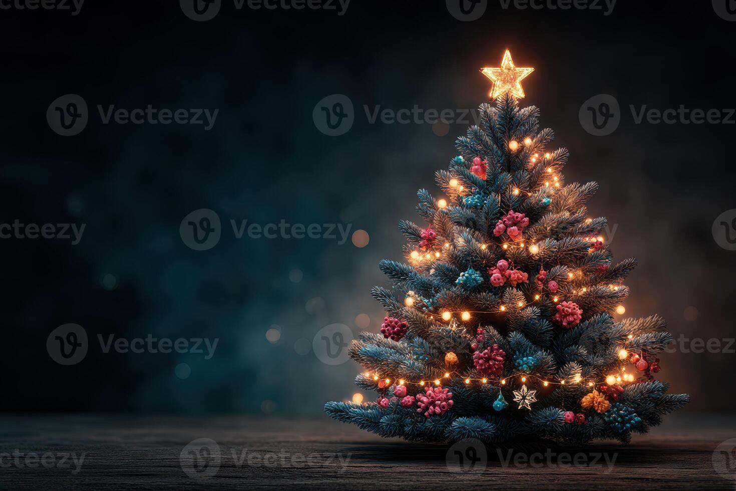 Beautifully decorated Christmas tree with glowing lights and ornaments in warm indoor lighting photo