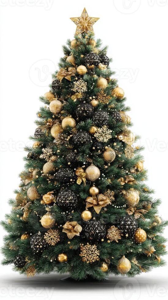 Elegant Christmas tree adorned with gold and black ornaments in a festive display photo