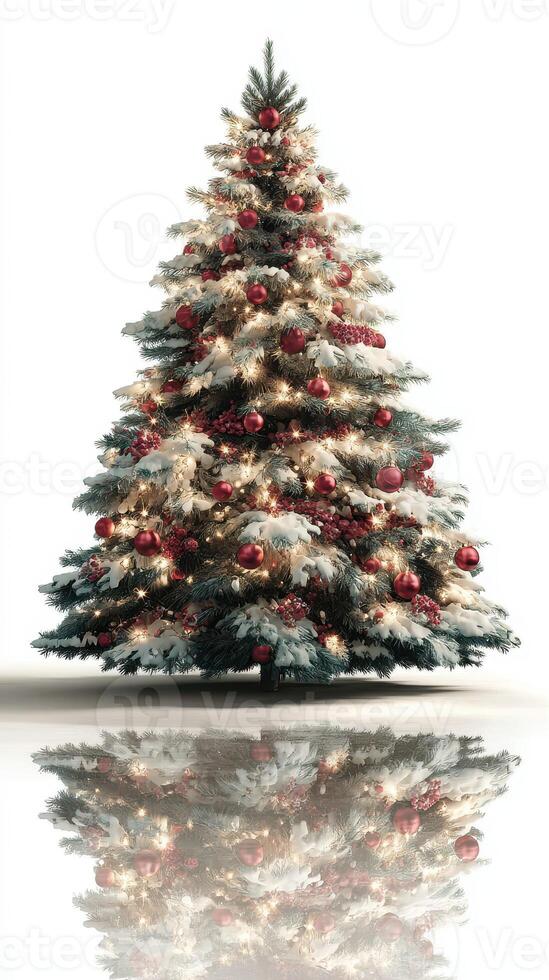 Beautifully decorated Christmas tree with ornaments and lights reflecting on a white surface in a festive setting photo