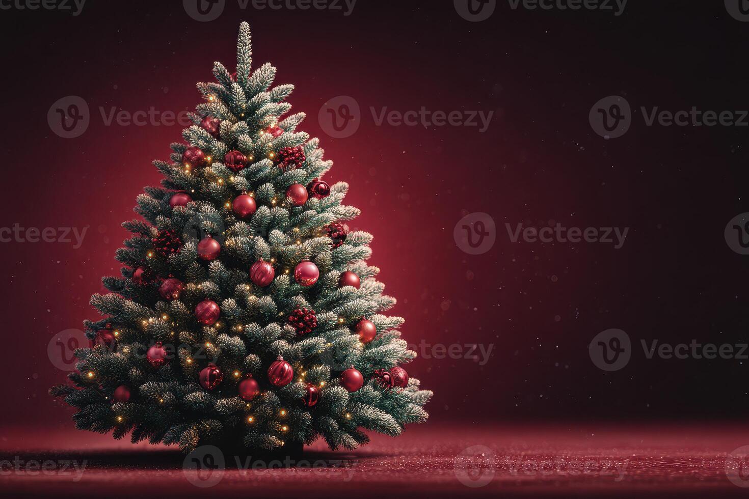 Festive Christmas tree adorned with red ornaments and twinkling lights in a warm holiday atmosphere photo