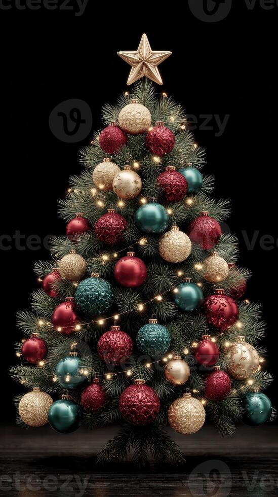 Beautifully decorated Christmas tree with ornaments and lights glowing in a dark setting photo