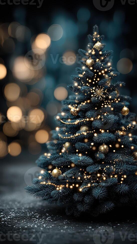 Elegant Christmas tree decorated with golden ornaments and warm lights in a festive winter setting photo