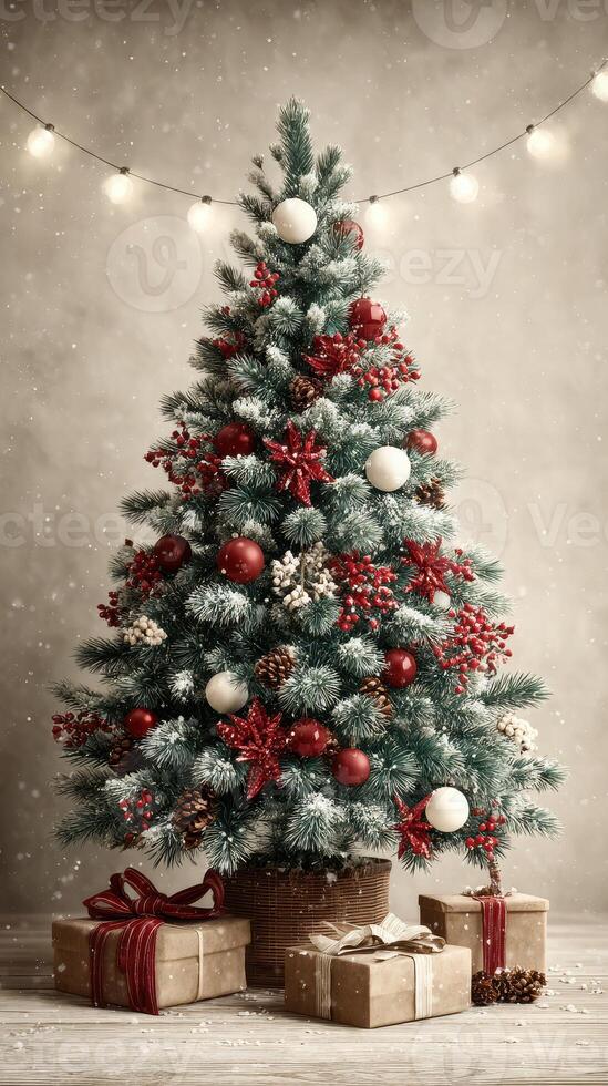 Beautifully decorated Christmas tree with red and white ornaments and presents under its branches in a cozy indoor setting photo