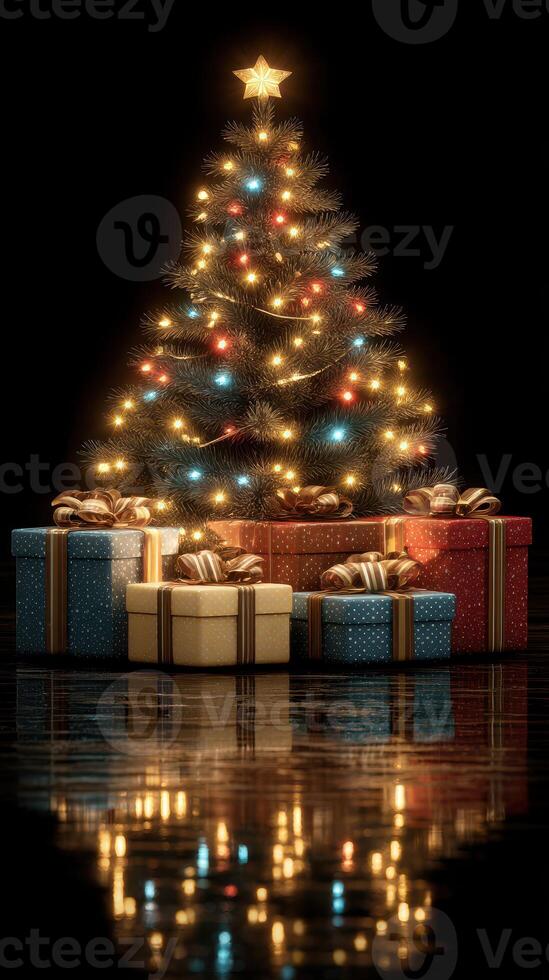 Brightly decorated Christmas tree with gifts arranged beautifully on a reflective surface during festive season photo