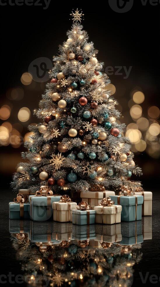 Festively decorated Christmas tree with presents under shimmering lights in a cozy setting photo