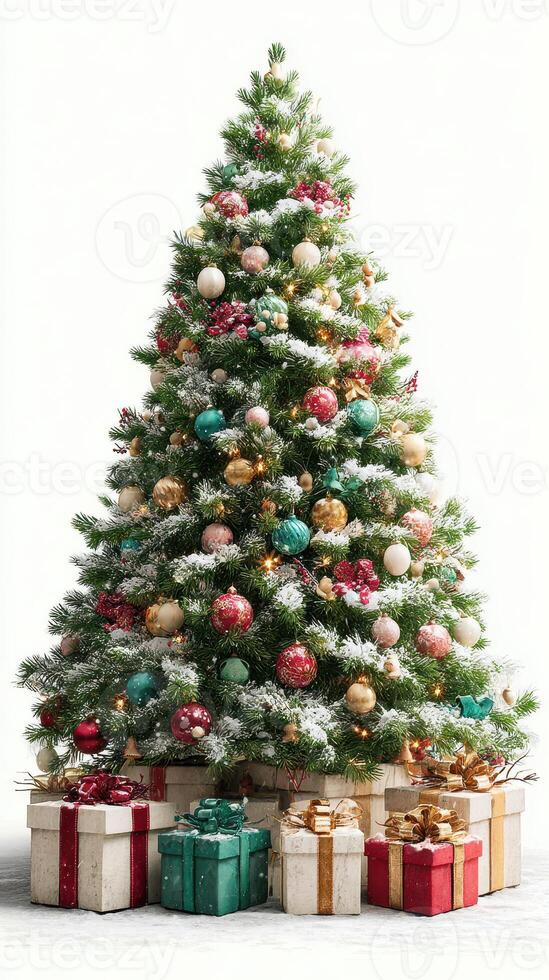 Decorated Christmas tree with colorful ornaments and wrapped presents beneath in a festive setting during holiday season photo