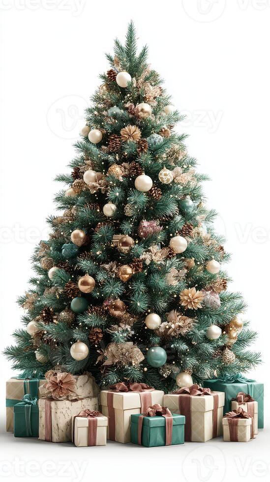 Christmas tree adorned with decorations and gifts in a cozy indoor setting during the holiday season photo