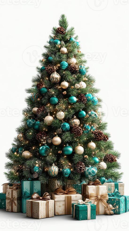 Festive Christmas Tree with Turquoise and Gold Ornaments Surrounded by Wrapped Gifts photo