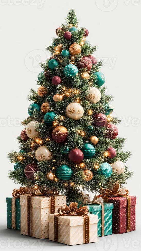 Christmas tree adorned with colorful ornaments and wrapped gifts at a festive setting photo