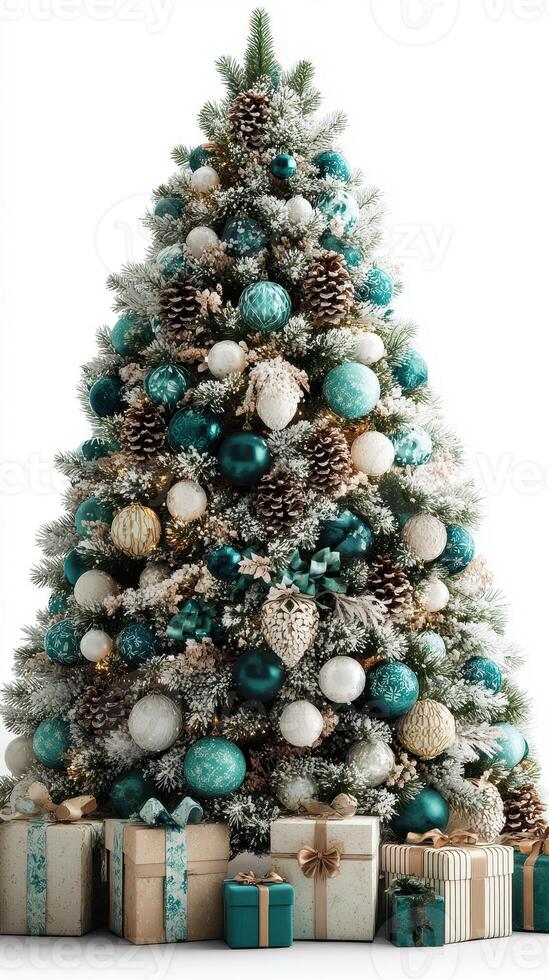 Holiday celebration with snow-covered Christmas tree adorned in teal and gold decorations with beautifully wrapped gifts underneath photo