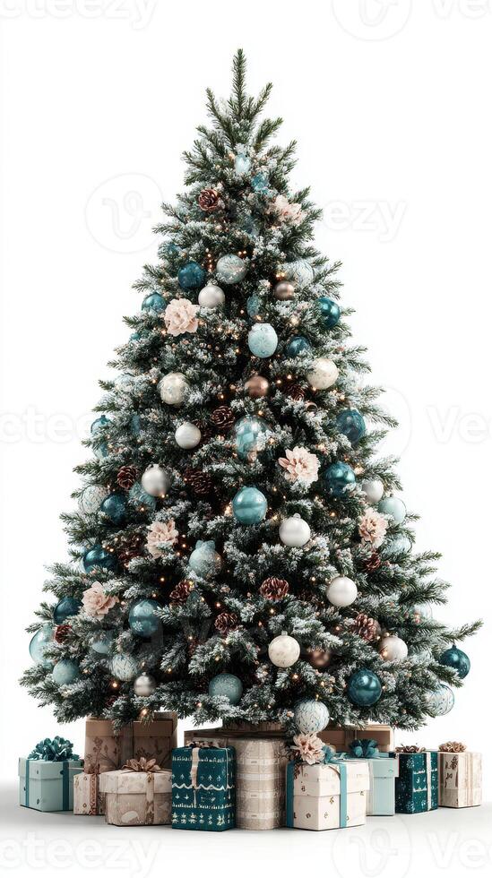 Decorated Christmas tree with blue and silver ornaments and wrapped presents underneath in a bright setting photo
