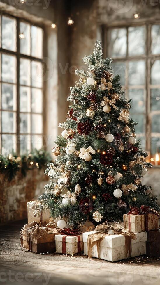 Beautifully decorated Christmas tree with presents in a cozy rustic setting during winter season photo