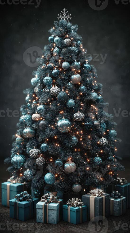 Stunning blue and silver Christmas tree adorned with decorations and presents beneath it photo