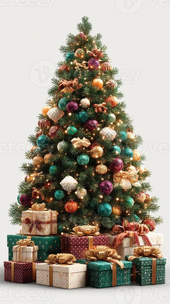 Beautifully decorated Christmas tree with an array of colorful ornaments and neatly wrapped gifts beneath it photo