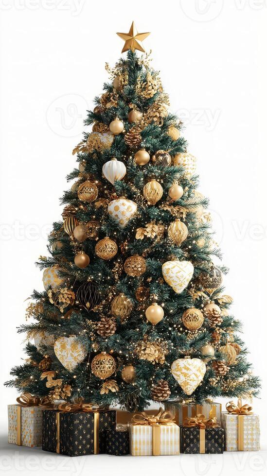 Elegant Christmas tree adorned with gold decorations and gifts arranged below during the holiday season photo