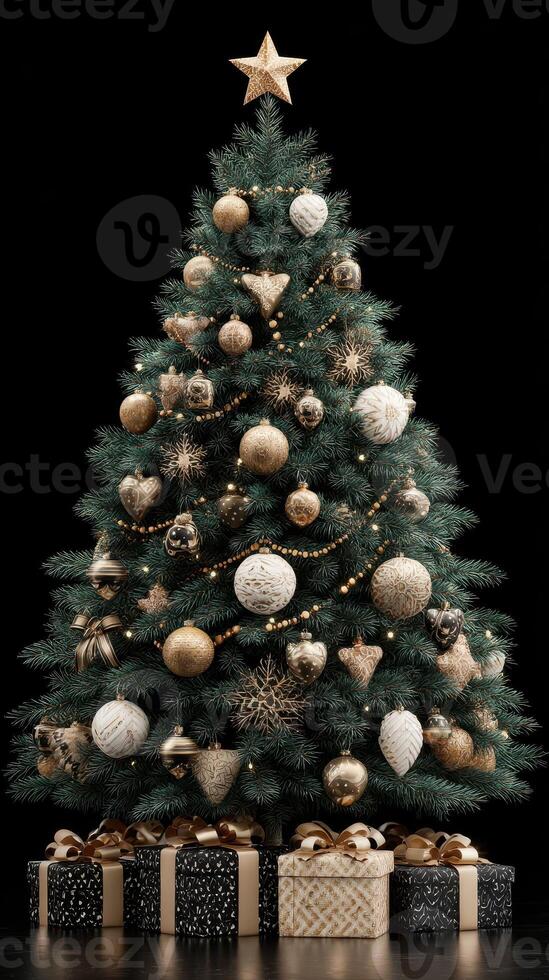 Elegant Christmas tree adorned with gold ornaments and wrapped gifts under a dark background photo