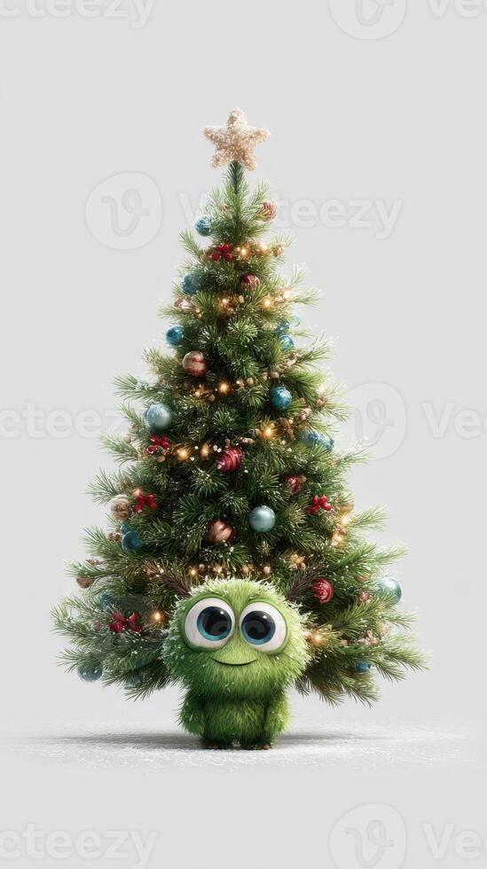 Colorful Christmas tree with decorations and a cute green character at the base during the holiday season photo