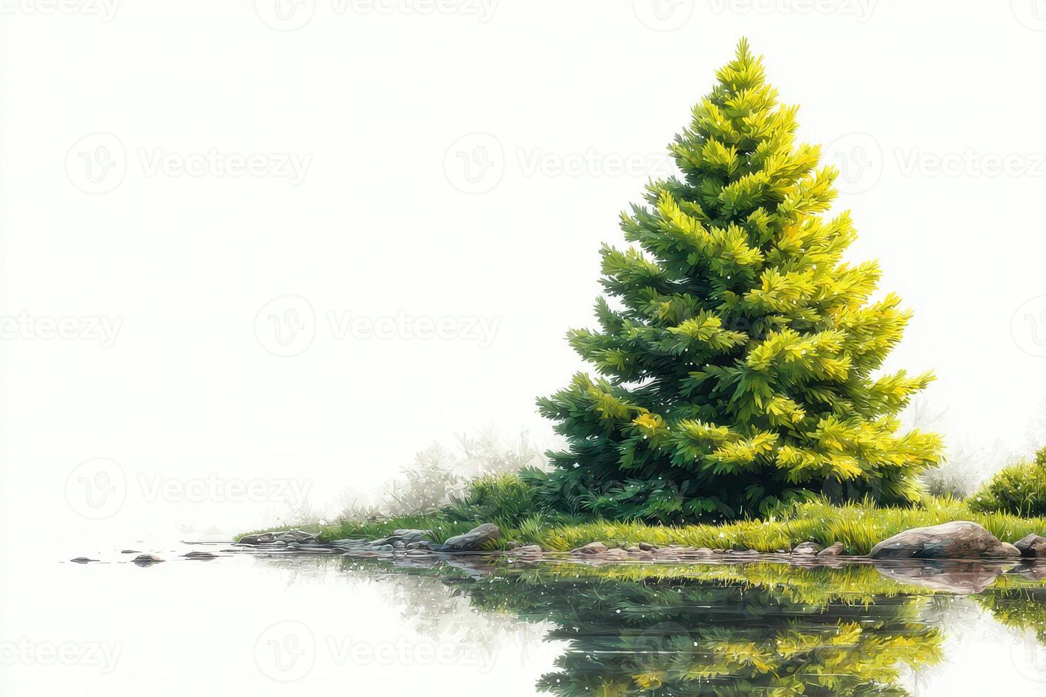 Bright green pine tree reflected in calm water at serene lakeside during early morning hours photo