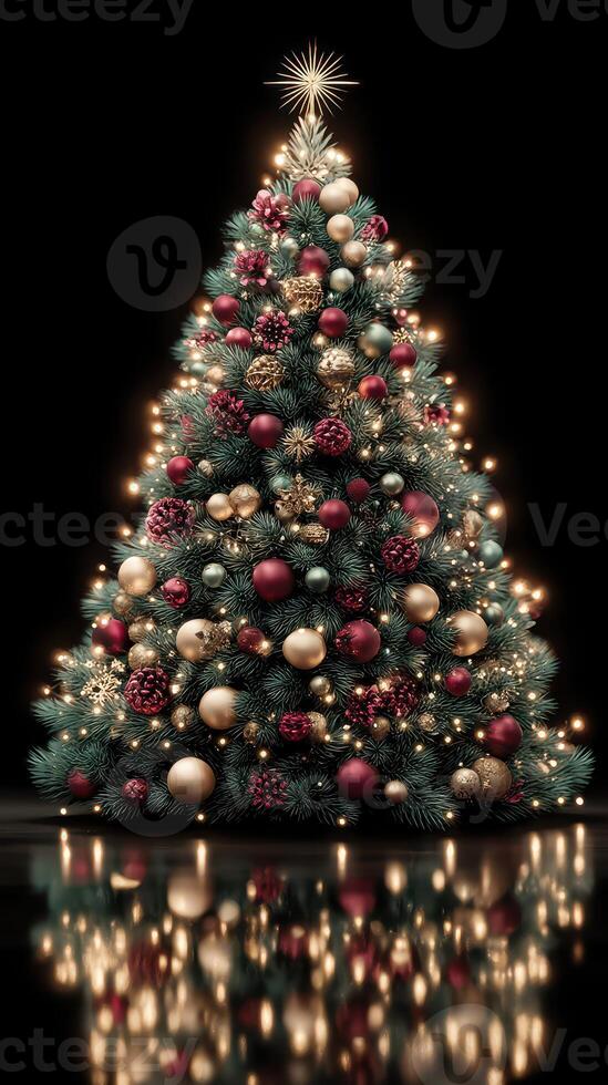 Beautifully decorated Christmas tree with colorful ornaments and glowing lights at night photo
