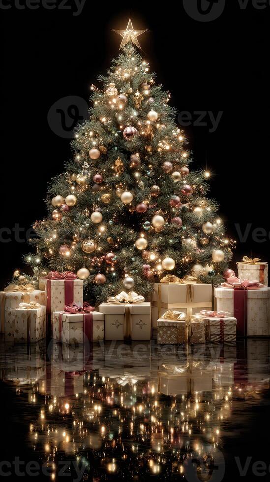 Christmas tree adorned with ornaments and gifts illuminated by warm lights in a festive setting photo