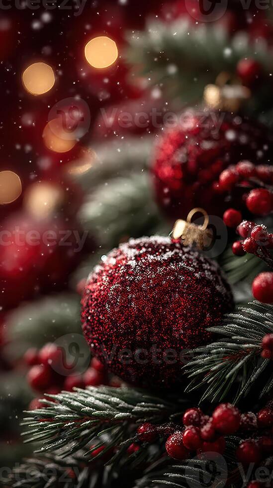 Sparkling red ornaments adorn a festive Christmas tree with snowflakes and warm lights in a cozy holiday atmosphere photo