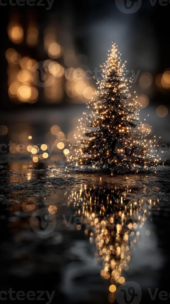 Sparkling Christmas tree with lights reflecting in water during evening festivities in a festive cityscape photo