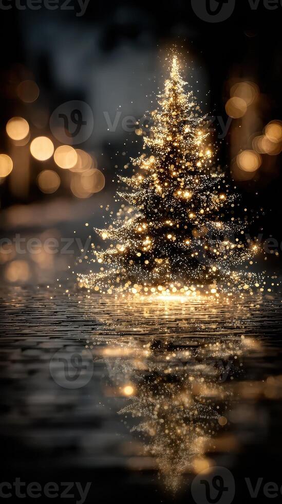 Christmas tree illuminated with sparkling lights reflecting on wet pavement during winter night photo