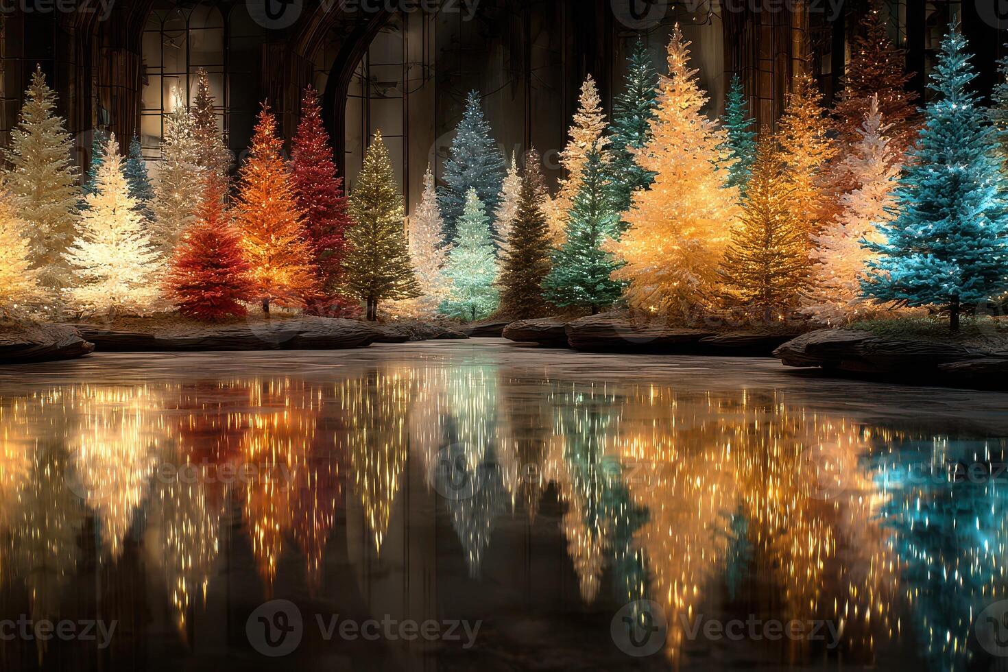 Colorful illuminated trees reflect on water in a serene winter setting during nighttime photo