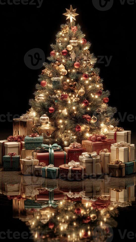 Beautifully decorated Christmas tree adorned with gifts and twinkling lights in a cozy indoor setting during the holiday season photo