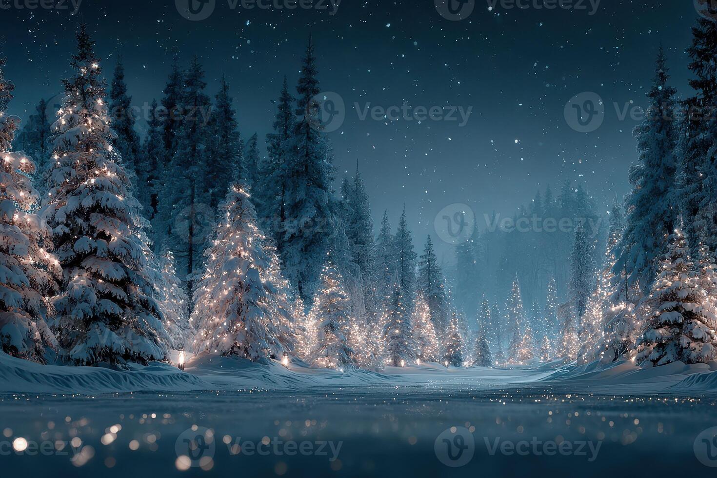 Serene snowy forest illuminated by soft lights during a tranquil winter night photo