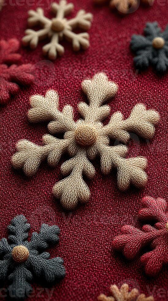Colorful embroidered snowflakes on deep red fabric create a vibrant textile design for winter decor photo