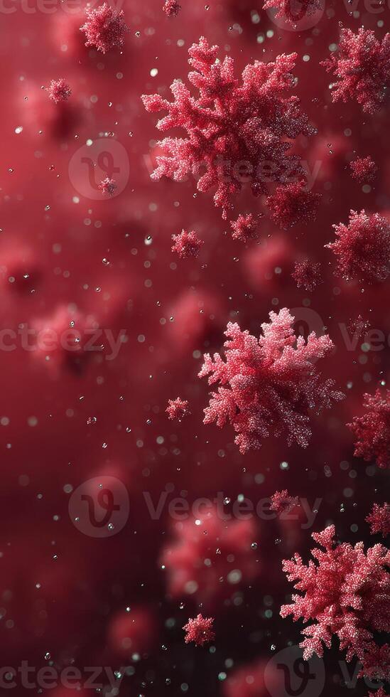 Beautiful red snowflakes delicately floating against a blurred dark background with shimmering specks of light photo