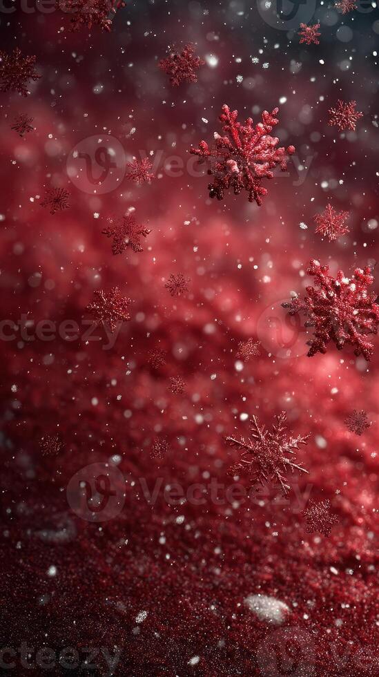 Red and white snowflakes gently fall on a festive background creating a winter wonderland atmosphere photo