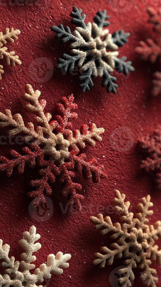 Colorful snowflakes arranged on a festive red background create a vibrant holiday atmosphere perfect for winter decorations photo