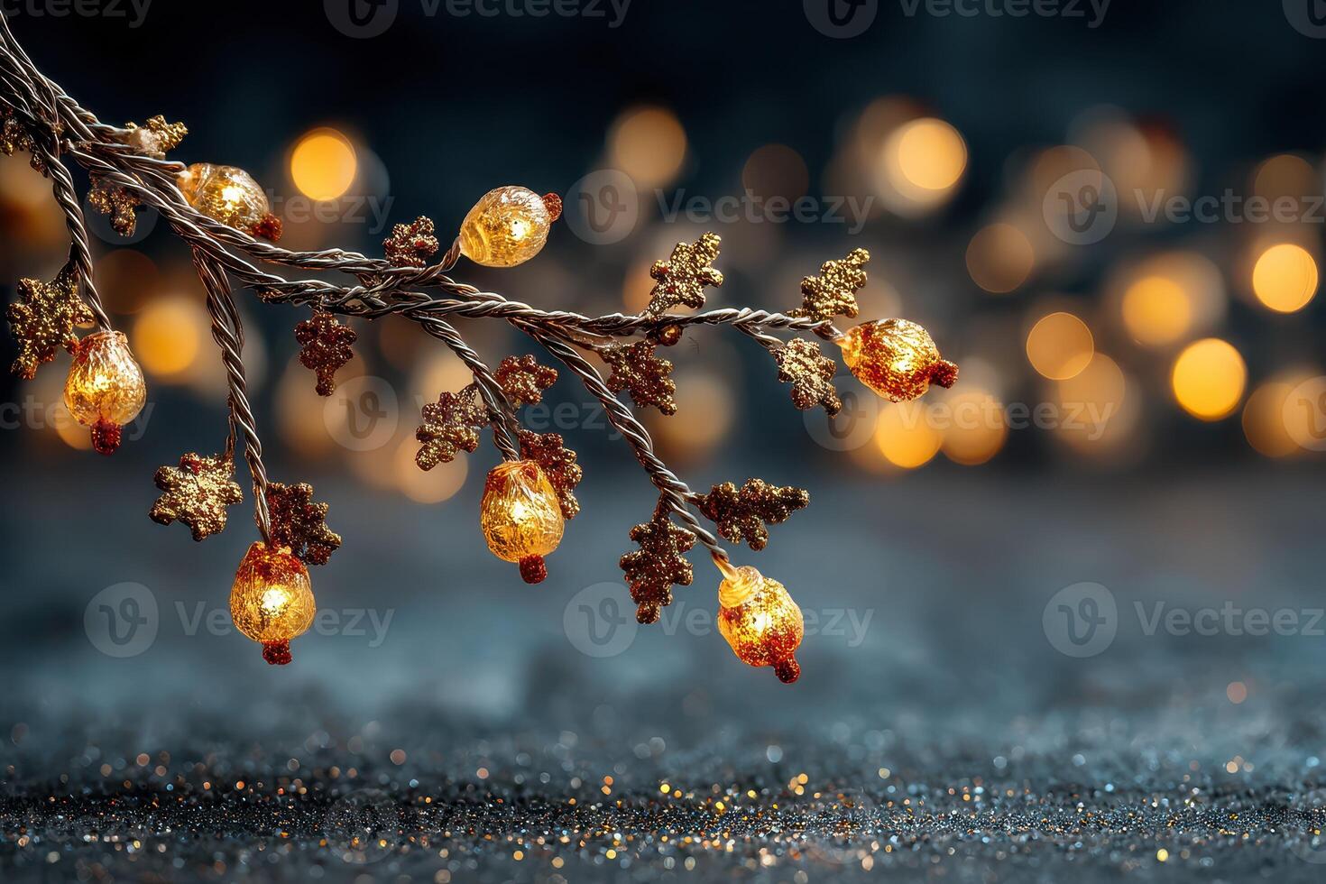 Warm golden lights adorn a decorative branch set against a soft blurred background photo