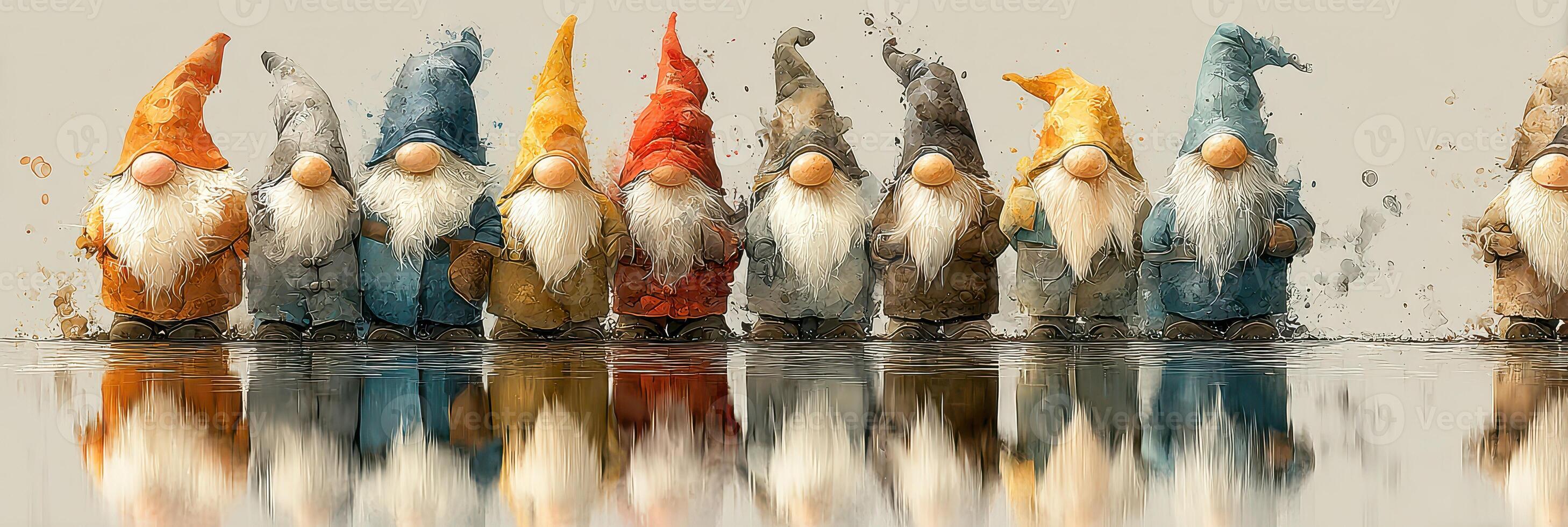 Colorful garden gnomes standing in a line by a reflective water surface on a serene afternoon photo