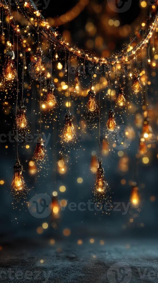Delicate string lights create a magical atmosphere in a dimly lit setting for evening gatherings and celebrations photo