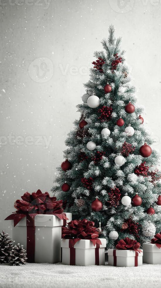 Christmas tree adorned with red and white ornaments surrounded by beautifully wrapped presents in a cozy setting photo