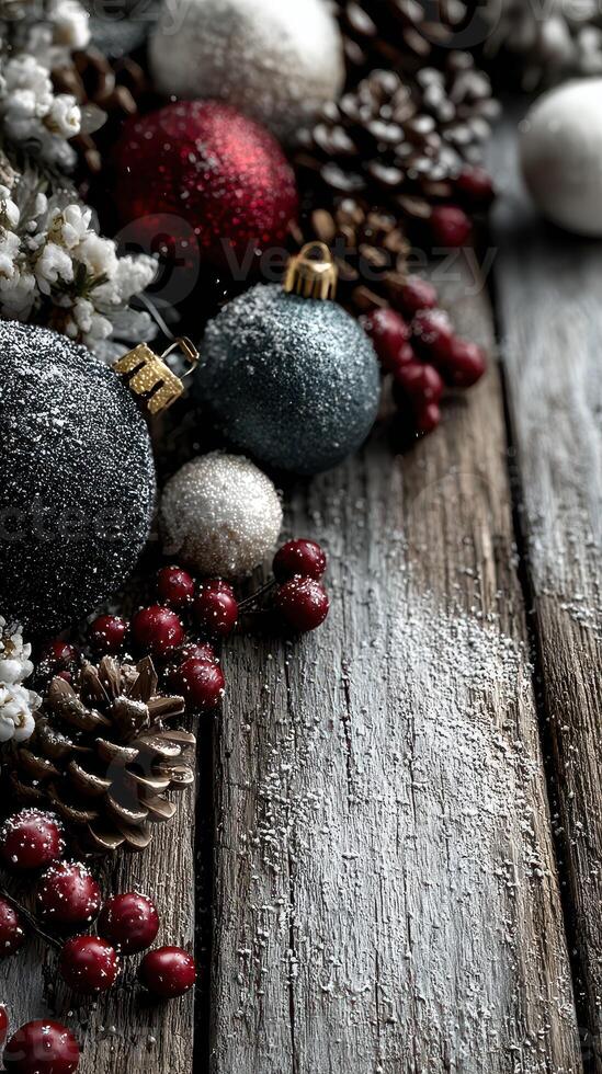 Elegant decorations featuring Christmas ornaments and pinecones on rustic wooden background for festive ambiance photo