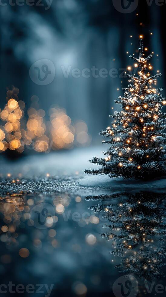 Winter forest with glowing Christmas trees reflecting on a frozen surface at night photo