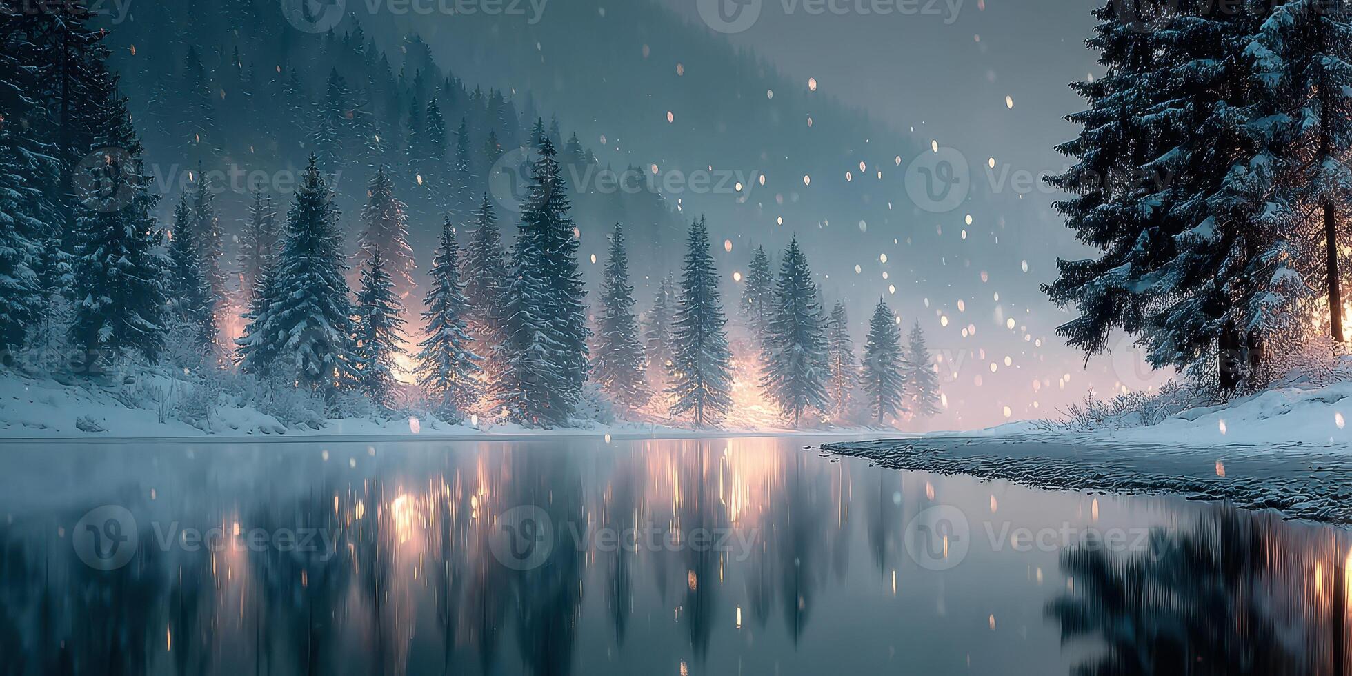 Winter landscape with snowflakes falling over a tranquil river and illuminated trees at dusk photo