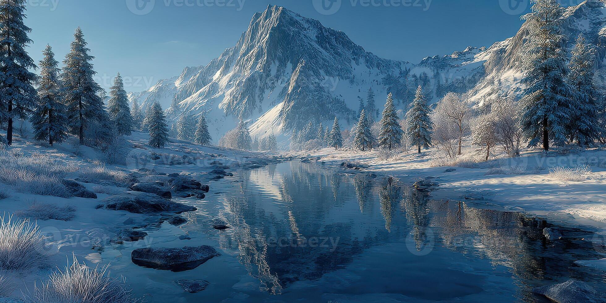 Majestic snowy mountain landscape with a serene river reflecting the winter sky at dawn photo