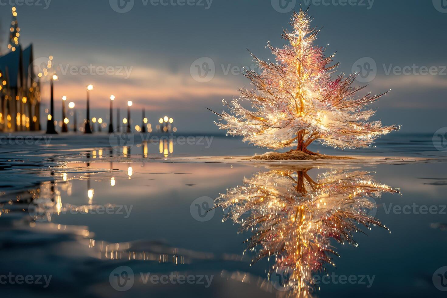 Winter evening captures serene reflection of a glowing Christmas tree beside a peaceful waterfront promenade photo