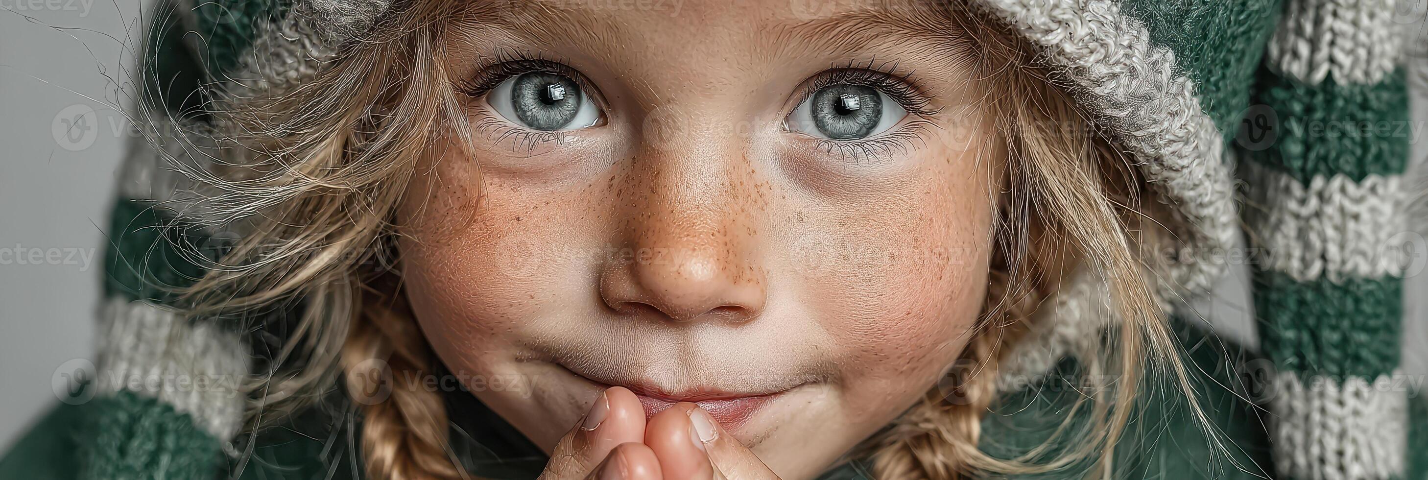 Child smiles warmly while wearing a cozy green hat and sweater with stripes during a chilly indoor day photo