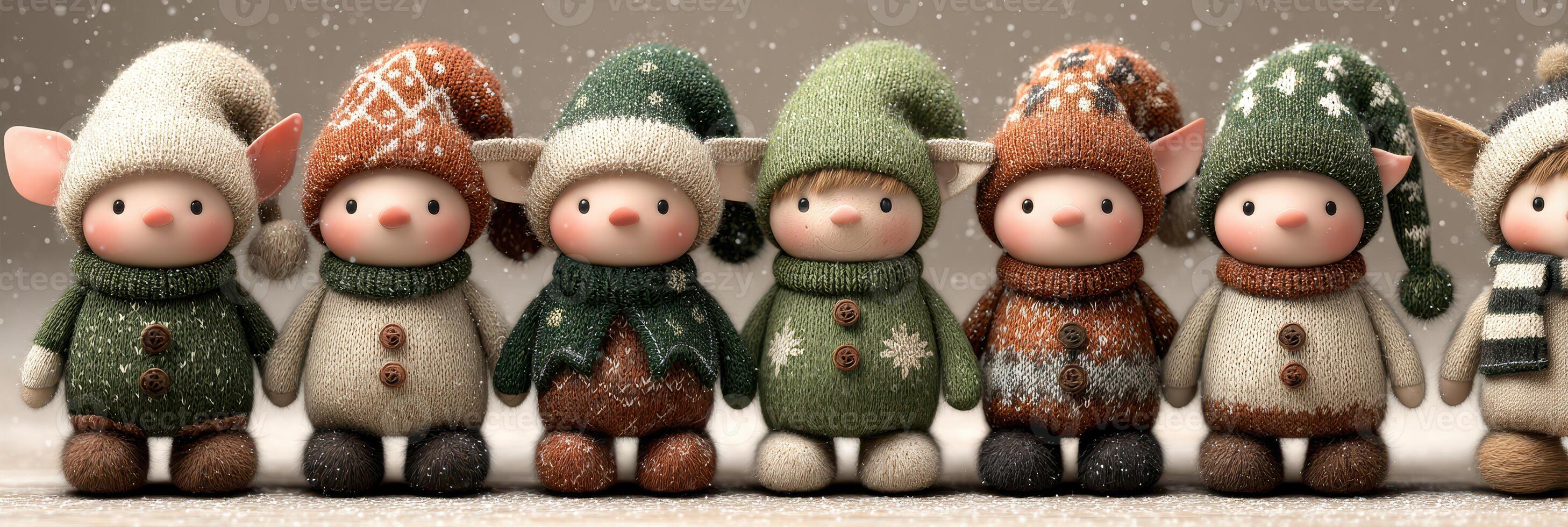 Cute festive dolls wearing knitted hats and scarves arranged in a row on a winter backdrop photo