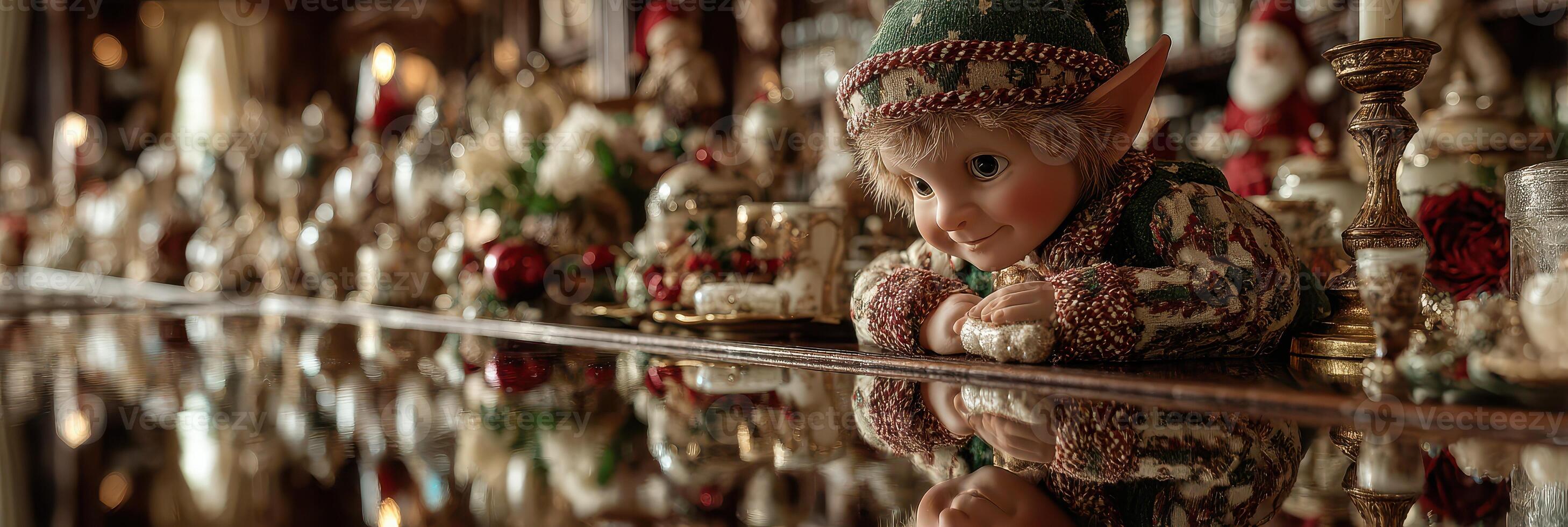 Colorful elf doll gazing over a festive holiday display in a vintage setting during the evening photo