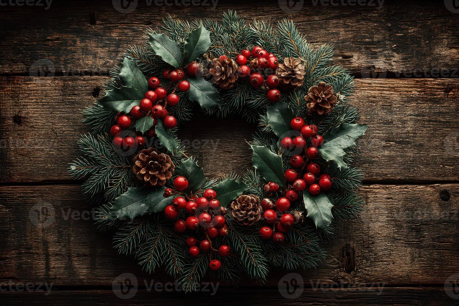 Festive holiday wreath with red berries and pinecones on rustic wooden background photo