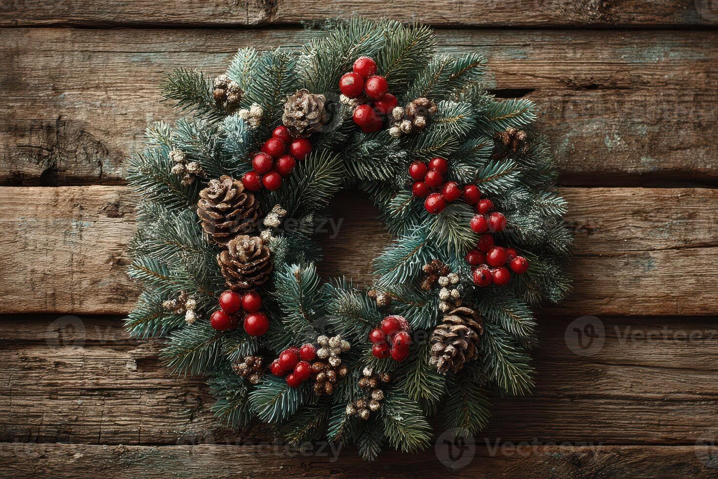 Festive green wreath adorned with red berries and pine cones displayed on rustic wooden background photo