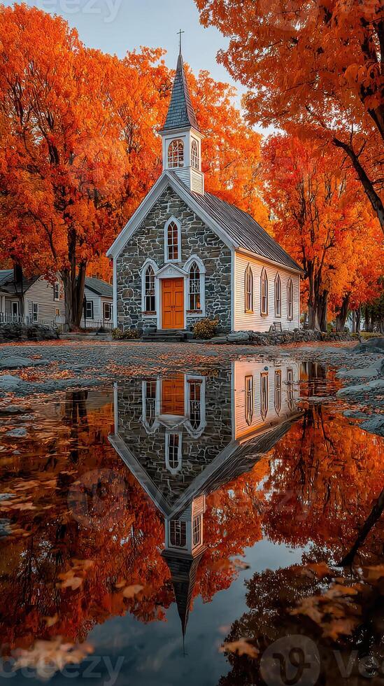 Beautiful autumn landscape featuring a historic stone church in vibrant fall colors reflecting in water photo
